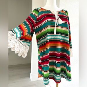 Fashion U Western Southwestern Colorful Serape Boho Sleeve Tunic Dress Womens M